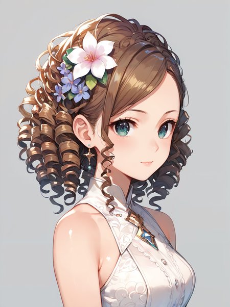 score_9, score_8_up, score_7_up,source_anime, high res image,masterpiece,best quality,girl,cute face,clear skin,shiny hair,ultra detailed eyes,simple background, <lora:morigami_pony_V1.0:1> morigami,hair flower,curly hair