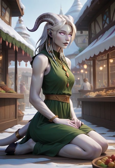 (absurdres, best quality, masterpiece:1.4), score_9, score_8_up, score_7_up, score_6_up, detailed, detailed body, detailed face, 
(culDraenei, purple eyes, no sclera, no pupils, athletic, tall, slim, pale skin, grey skin, long tail, long ears), confident,
(long loose green dress, sleeveless),
on floor, wariza, kneeling, spread legs, side view, 
outdoors, fantasy market background, market stalls, food, snow, daytime, sunshine