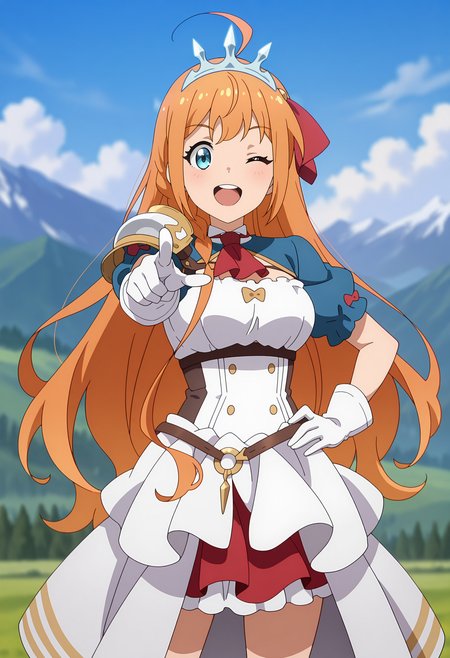 anime screencap, masterpiece, best quality,
<lora:PrincessConnect_Pecorine_IlluXL:0.9>,
1girl, solo, open mouth, smile, upper teeth only, one eye closed,
long hair, orange hair, side braid, ahoge, blue eyes, tiara,
PecorineDress, white dress, red ascot, shoulder armor, puffy short sleeves, blue sleeves, white gloves, layered skirt, white skirt, red skirt,
pointing at viewer, hand on own hip,
standing, looking at viewer, cowboy shot,
blurry background, mountainous background, scenery