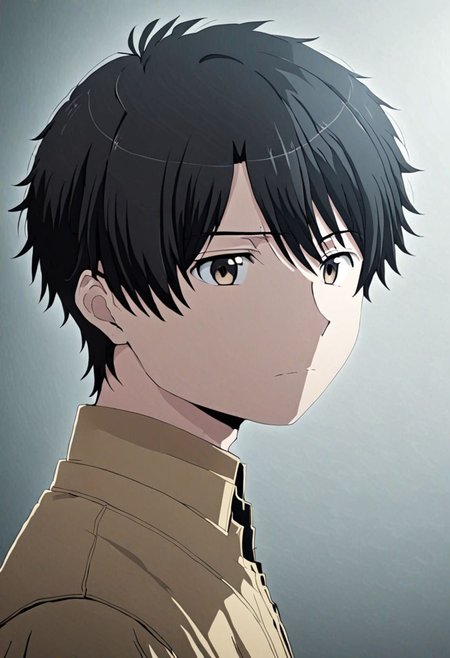 high resolution, solo, best quality, 1Boy, Inaho Kaizuka, Black Hair, portrait, looking at viewer, focused gaze forward, upper body, head upright, love, OverallDetail