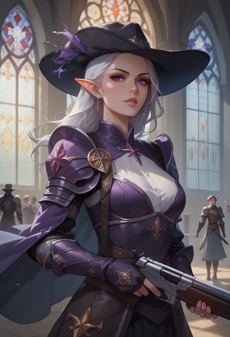 score_9, score_8_up, score_7_up, 8k, portrait, upper body, concept art twilight, vintage illustration,
1girl, solo, female elf, drow, dark purple skin, white hair,
dynamic pose, medieval, heavy armor, plate armor, purple cape,   in a cathedral, gothic stained glass windows, beautifully backlit, depth of field:1.5, indirect lighting:1.3, high contrast shadows, dramatic shadows across face:1.2, cinematic lighting on face, cowboy hat, (holding shotgun:1.6)