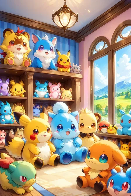 A delightful collection of fluffy Pokémon plush toys, neatly arranged in a charming toy store. The background is artistically blurred, creating a dreamy and realistic style that highlights the intricate details and vibrant colors of each plush toy. Soft lighting enhances the whimsical and enchanting atmosphere, making the scene feel magical and inviting, with the plush toys appearing cozy and huggable.
<lora:add-detail-xl:1.0>,
<lora:EnvyBetterHiresFixXL01:1.0>,
<lora:extremely_detailed:1.0>, extremely detailed,
<lora:EldritchMixIllustration_1.1:0.6>,