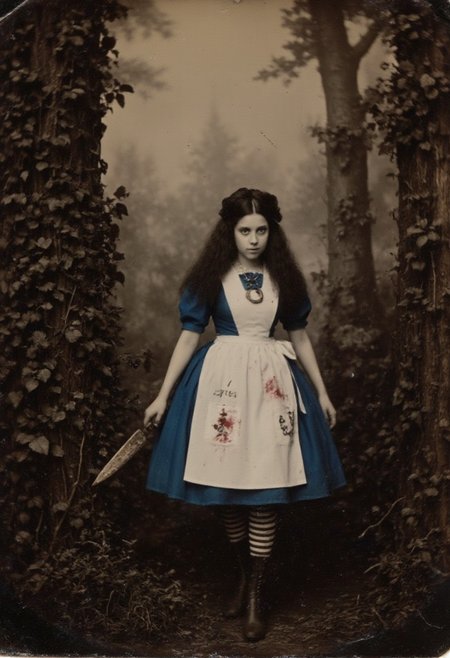 An aged worn sepia monochrome 1800s photograph madalice, she has black hair and blue eyes. She's wearing a blue dress with a white apron. The apron has magical symbols on the pocket, there are bloodstains on the apron. she wears a necklace with of an upside down horseshoe stripped stockings and knee high boots. in her hand is an ornate butcher knife. she is walking through a mystical forest, misty bog, fireflies flying around lighting up. it's night and moonbeams stream through the trees.