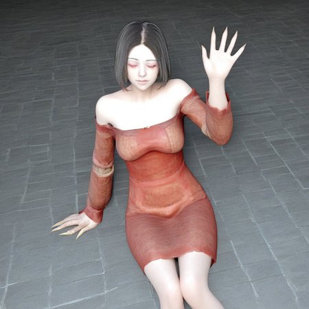 1girl,solo,black hair,short hair,closed eyes,red dress,bare shoulders,sitting,claws,facing viewer,looking at viewer,waving