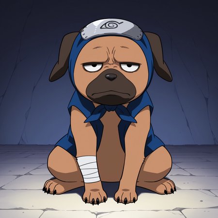 2d, 1boy, solo, Pakkun, male, dog, canine, tail, feral, animal, brown fur, dark brown snout, dark brown ears, black nose, black pupils, dark brown eyelids, black claws, Arm bandages, blue headband, forehead protector, sleeveless, blue vest

BREAK Sitting, frown, looking at viewer, full body, abstract background

BREAK best quality, amazing quality, very aesthetic, absurdres, newest, masterpiece 