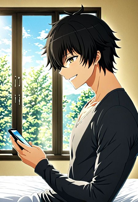high resolution, solo, best quality, 1Boy, Seiya Kanie, black hair, short hair, holding smartphone, on the bed, sunny day, window, smile, side view, OverallDetail