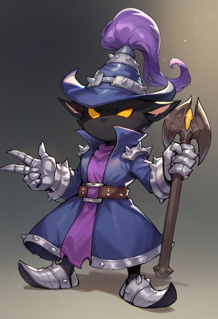 score_9, score_8_up, score_7_up, score_6_up, v3igar, 1boy, male focus, yellow eyes, yordle, hat, coat, armored shoes, belt, armor, gauntlets, <lora:Veigar_Default_v2:1>,