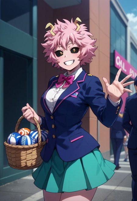 score_9, score_8_up, score_8_up, layering, 1girl, slimes_minaashido, smiling, love, solo, makeup above eyes, black lips, basket ball uniform, blazer, cardigan, skirt, exposed, soft breast, slender body, ultra detailed, smooth skin texture, alluring curves, tasteful sensuality, softcore