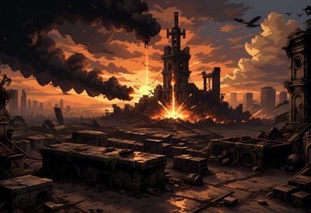 score_9, score_8_up, score_7_up, pixel art, 
nuclear explosion, city ruins, sunset,
god rays,
in the style of a vintage, high-contrast setting, dark and mysterious atmosphere, Resplendent spotlighting, Emphasize theatrical elements with bursts of bright colors against dark, moody backgrounds,
hyper-detailed, scifi, dramatic light,
d3p1x3l, pixel art,