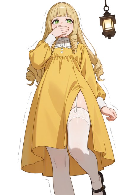 Smooth Quality,masterpiece,very intricate, high quality details, ultra realistic, high detailed skin,detailed enviorement,absurdres,
simple background, white background,
stifled laugh, hand covering mouth, shaking shoulders, flushed cheeks, amused gaze,,from below,
raincoat,  ,lantern sleeve blouse,  ,side slit stockings,  , <lora:Fiatoio_Annacnn:0.7> fannacnn, 1girl, blonde hair, green eyes, long hair, blunt bangs, sidelocks, drill hair, mary janes,