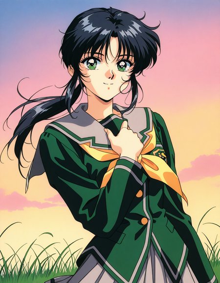 general,highres, ultra-detailed,very aesthetic,best quality ,best hands,  BREAK <lora:Tachibana_Yumi_IS:1>Tachibana_Yumi, 1girl,solo, black hair, long hair, green eyes, low ponytail, bangs, sidelocks, 1990s (style), retro artstyle,
smile, hand on own chest, looking at viewer, long sleeves, upper body, green suit, gray skirt,
green shirt, serafuku,
grass, sky,
