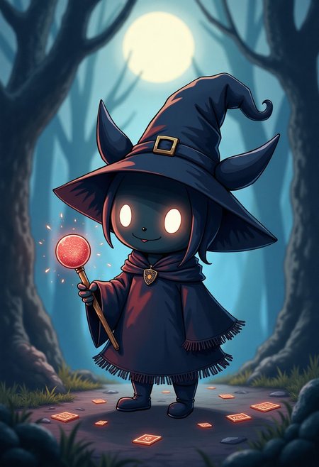 A small ghostly creature resembling Mimikyu, with its ragged cloth redesigned to look like a handmade, slightly off-kilter version of Dark Magician Girl’s outfit. Her fake hat is oversized and floppy, made of patched-together fabric. Big glowing eyes peek out from the shadows beneath the costume. She holds a crooked, glittery wand shaped like a lollipop staff, and sparkles of dark energy swirl around her. She stands shyly in a moonlit forest, surrounded by floating spell cards and glowing runes. Cute-meets-creepy anime art style, magical atmosphere, soft shadows, detailed, HD fantasy illustration.