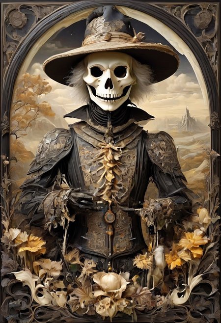 reality-shot, realism, gothic photography of a very detailed (scarecrow) made out of ebony and ivory, scrimshaw, bone carving, awesome appearance, magical landscape with enchanted elements, fantasy art style, monochrome yellow tones theme, intricate details, ultra sharp, exquisite detail, flawless composition, vivid colors, masterpiece, exciting background <lora:Ebony_and_Ivory_Scrimshaw_style_-_SDXL:0.9>