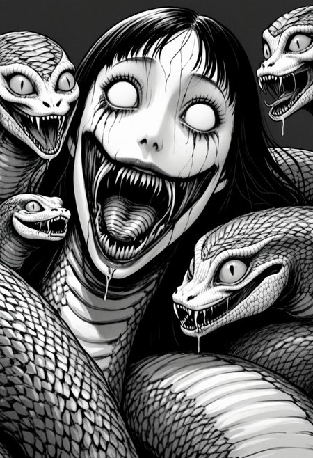 Snake woman, mouth open, jaw unhinged, serpent eyes, lamia, naga, nightmare fuel, horror, junj11t0, junji ito, monochrome, creepy, manga