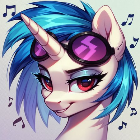 score_9, score_8_up, score_7_up, score_6_up, score_5_up, score_4_up, source_MLP, Vinyl Scratch from MLP, Pony, g4, Female, Feral, Portrait of a leader, White cyberpunk suit, Brooch in the shape of a musical note, Beautiful eyes, Long eyelashes, Looking At Viewer, Proud smile, Extreme Detailed Background, The quality of ai art is frightening