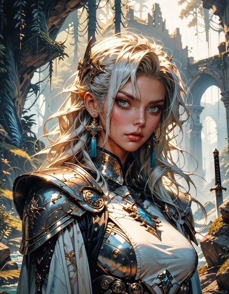 score_9, score_8_up, score_7_up, score_6_up, score_5_up, score_4_up,  1girl, solo, beautiful, white hair, long hair, bangs, fair skin, big breasts, leather armor, sword, forest, dappled sunlight, upper body, looking at viewer, shine, shine of steel, sitting on a rock, armored boots, fantasy,solo focus,epic, dynamic angle, concept art, realistic, highly detailed  <lora:Expressive_H-000001:0.6>, expressiveH <lora:g0th1cPXL:0.4> <lora:incase_style_v3-1_ponyxl_ilff:0.3> <lora:sinfully_stylish_SDXL:0.4>