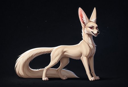 reallynxgirl_style, by Zackary911, by Kenket, by Kilinah, by fluff-kevlar, feral, mommy female white fennec fox, solo, long white hair, red eyes, fangs, full body, one big tail, dark background. dark priest with balck and red cloack, full body concept, realism