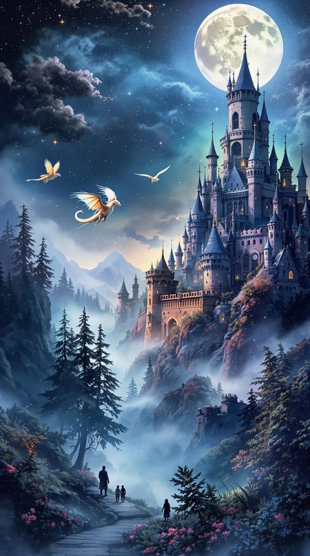 mystical land, knight's castle, watercolor, magical, dreams, fantasy, double exposure, tiny details,extremely detailed, flying dragon, midnight, full moon, Vibration colors, 4K, main motif in the picture on the right, fog