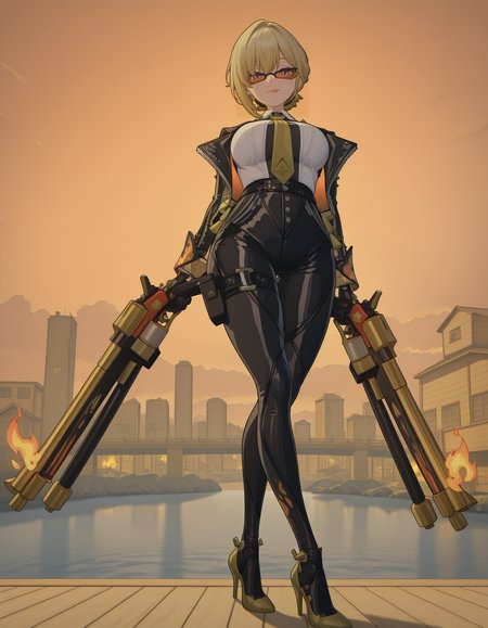 masterpiece,best quality,limited color palette,lineart,vector art,leather jacket,sunglasses,smiling,<lora:Hoseki_ZenlessZoneZero_BurniceWhite_IllustriousXL_v1:1>,(brncwht:0.5), Evelyn, solo, blond hair, hair ornaments, earrings, purple eyes, hair bun, white shirt, gold tie, black leather pants, gold high heels, standing, looking at viewer, peace sign, city, sky, clouds, beautiful frame, river, <lora:Evelyn_-_Zenless_Zone_Zero_ZZZ_-_Illustrious:1>,large breasts,double firethrower,((gunfire)),thighhighs,on the background of wooden houses on fire,fire background,licking hand,skirt,<lora:Pulchra:1>,(fire edgMM:1.3),flames around,face_focus,(portrait:1.2),(from_below:1.2),