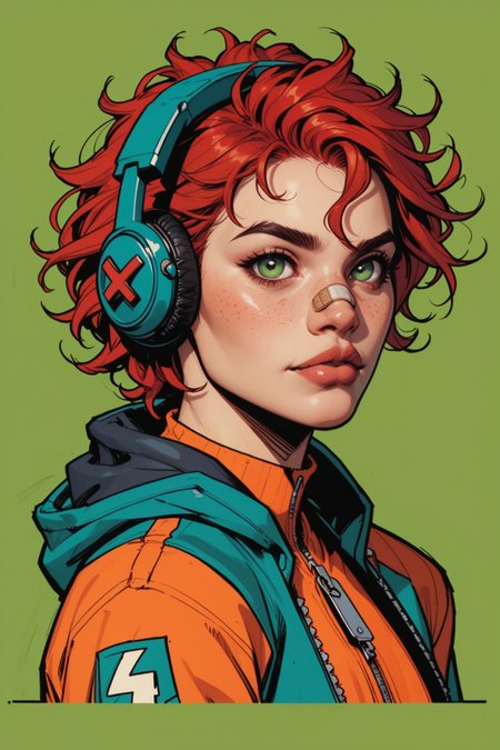 1girl, solo, red hair, headphones, nose, jacket, lips, bandaid, zipper, upper body, freckles, messy hair, bandaid on face, from side, green background, looking at viewer, realistic, green eyes, a_Comic_Illustration, rough lines with ink, (drawn:1.1), (sketch:1.5), (crosshatching:1.25), (comic style:1.1), graphic novel style, sharp lines, hires, zstyle, (western comics \(style\):1.1), (hatching \(texture\):1.2), zPDXL, Mr_Monster_Possitive, <lora:Expressive_H:0.5>, score_9, score_8_up, score_8_up,