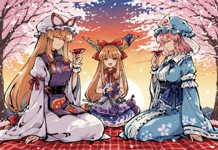 source_anime, high res image, masterpiece, perfect quality, best quality, newest, absurdres, highres, scenic, ultra detailed face, detailed eyes, accurate anatomy,
tokiame, ink,
sdxl_lightning_4step_lora_rank1,
HDR, 
outdoor, dusk, back lighting, cherry blossom tree, falling cherry blossoms in air, 
(sitting on a big red picnic blanket),
3girl, multiple girls, multiple different girls, 3 different girls,,
BREAK
female left side (yakumo yukari, blonde hair, yellow eyes, long hair, sidelocks, dress, hat, hat ribbon, juliet sleeves, layered dress, long sleeves, mob cap, puffy sleeves, purple tabard, tabarad, white dress, white hat, wide sleeves, ying yang, yin yang print, holding a red sake cup, closed eyes),,
BREAK
female middle (ibuki suika, brown eyes, hair bow, horns, long hair, low-tied long hair, oni horns, orange hair, very long hair, horn ribbon, sleeveless shirt, wrist cuffs, bow, ribbon, horn ornament, sleeveless, chain, skirt, shirt, holding a purple wine gourd, laugh),,
BREAK
female right side (saigyouji yuyuko, pink eyes, pink hair, short hair, medium large breasts, mob cap, triangular headpiece, blue kimono, long sleeves,  wide sleeves, sash, ribbon, floral print, holding a red sake cup, smile)
