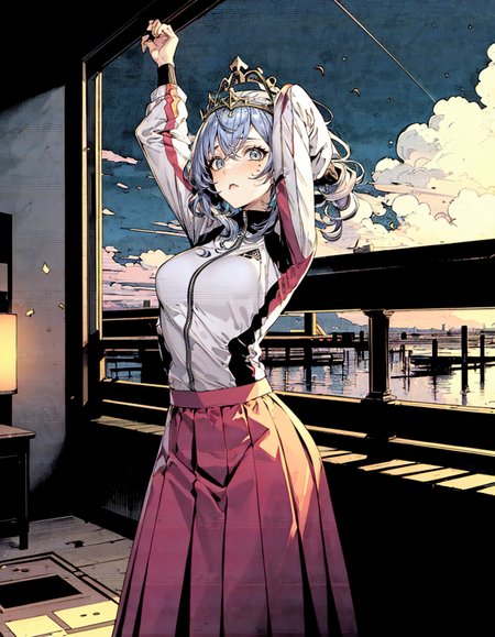 1girl, solo, cowboy shot, bedroom, dusk, stretching, vermilion hair, short hair, hair spiral, sky blue eyes, muscular female, track jacket, long skirt, mini wings, tiara, medium breasts, wavy mouth