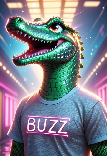 (masterpiece, best quality, absurdres, highres),  in ariver of endless diaminds a crying sad crocodile, wearing a meshed t-shirt text "BUZZ", playful, electrical flashes, flashing light, mirrors, bokeh, depth of field, comic image, neon color geometric background, asymmetrical composite, (in bold neon color shades:1.3),  perfect lighting, 4k, low-angle view, extreme long-shot, diamondMW