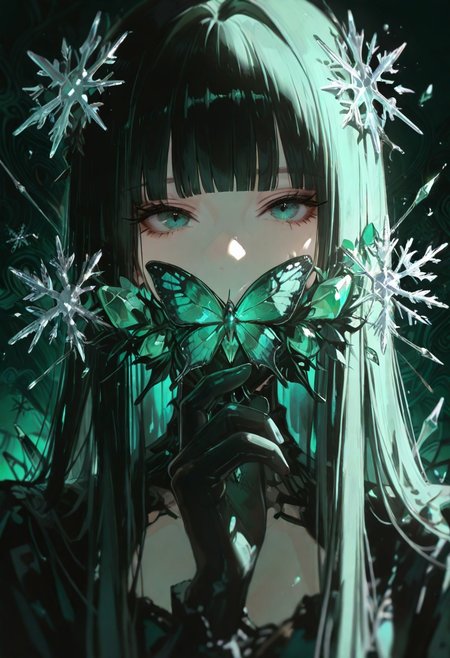 (Theme: Draconic Crystals). masterpiece, newest,absurdres,incredibly absurdres,1girl, solo, bug, butterfly, bangs, black hair, looking at viewer, long hair, blunt bangs, covered mouth, green eyes, green theme, eyelashes, flower, aqua eyes, snowflakes look like crystals, 
dark_theme,abstract background, 
depth of field,white sphere on the background