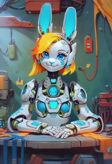 score_9, score_8_up, score_7_up, score_6_up, VitWaterStyle, 1girl, robot, bunny ears, blue eyes, yellow highlights, mechanical, futuristic, green and white armor, cute, smiling, workshop background, sci-fi, anthropomorphic, detailed, shaded