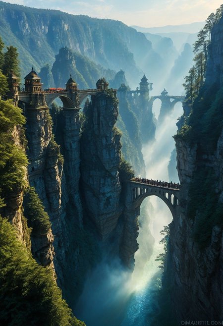 towers ringed in mist, sunrays, mixed media, surrealism, fantasy, great lighting, A surreal landscape highly detailed, extremely high-resolution details, appears trapped in an optical illusion of reflections and refractions colorful, Zhangjiajie mountains,  Vienna in contemporary Austria, stone bridges, winding rivers extending to the horizon, professional photography, natural lighting, volumetric lighting maximalist. vivid, vibrant colors, intricately detailed, complex, elegant, expansive, fantastical, film photography style, medium grain, cmnt
 (8k uhd:1,4)