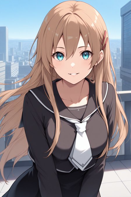 masterpiece, best quality, 1girl, solo,  <lora:hiiragiasuka-illu-nvwls-v1-000006:1> txasuka, light brown hair, long hair, blue eyes, hairclip, black shirt, black sailor collar, white necktie, long sleeves, black skirt, , upper body, looking at viewer, smile, happy, parted lips, city, blue sky