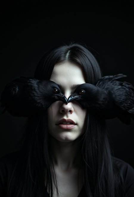 Composition:

The image is a vertical photograph with a strong focus on the central subject: a woman's head without the body coming from the dark partially obscured by two crows. Woman's body is not visible but only the head. The woman's face is pale and centered in the frame, with one crow framing her eye and another clow is slightly below. The dark black background creates a sense of mystery and intrigue.


Color Scheme:

The image is dominated by black color with high contrast filter applied. The woman's face skin tone is a pale white, contrasting with the black  background and the blending crows' feathers. This creates a sense of contrast and drama. Background is completely pitch black

Small Details:

The woman's eyes are partially obscured by the crows, adding to the sense of mystery and intrigue.
The crows' beaks are pointed towards the woman's face, creating a sense of tension and threat.
The woman's hair is long and dark, blending with the background and creating a sense of unity.
Overall, the image is a surreal and unsettling creation that blends elements of nature and human emotion. The seamless digital manipulation and dark color palette create a sense of mystery and intrigue. The combination of the woman's face and the crows creates a powerful and thought-provoking image.