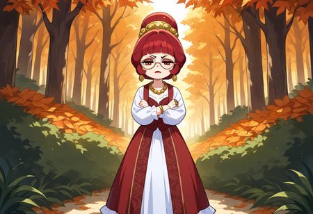 perfect eyes, solo, 1girl, red hair, red eyes, round eyewear, round glasses, shortstack, red victorian dress, hime cut, sidelocks, blunt bangs, single hairbun, mature female, milf, flat chest, tired, puffy sleeves, long sleeves, red lipstick, pantaloons, jewelry, bracelet, necklace, earrings, rings, long skirt, frills, standing, looking at viewer, annoyed, irritated, half closed eyes, arms crossed, belt
outdoors, orange leaves, orange forest, soft lighting,