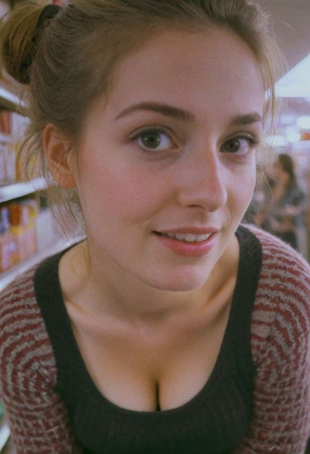 (Soft Lighting Photography by Mimoza Veliu and Mario Giacomelli:1.2), , face and cleavage closeup from above, A beautiful supermarket, a blushed smiling freckled Woman in high wooly stockings and very short skirt standing at a candy shelf on tiptoes, colorful knitted sweater, cleavage, looking up, messy hairbun, infront of the atmospheric led-adverstisment, crepuscular rays, volumetric lighting, ultra detailed, deep Blacks, very detailed, atmospheric haze, Film grain, cinematic film still, shallow depth of field, highly detailed, high budget, cinemascope, moody, epic, OverallDetail, 2000s vintage RAW photo, photorealistic, candid camera, color graded cinematic, eye catchlights, atmospheric lighting, imperfections, natural, shallow dof