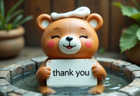 Cute bear doll, upper body, holding sign with both hands, sign says “thank you”, eyes closed, smiling, soaking in hot spring, relaxed, cheeks red, square of cloth folded over head, clay model image,
