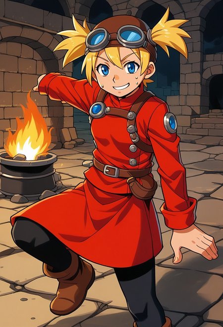 score_9, score_7_up, source_anime, BREAK solo, <lora:Pratty_XL:1> Pratty, blue eyes, short hair, light blonde, short twintails, hair through headwear, goggles, brown headwear, red shirt, short over long sleeves, black long sleeves, red skirt, black pantyhose, leather breastplate, brown footwear, smile, sweat, smith, furnace, smithing, crafting, fire, river, mill