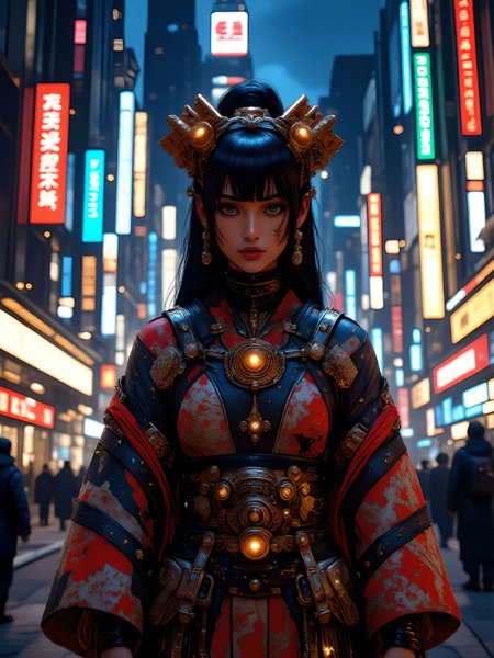 A cinematic film still featuring a young geisha reimagined in a cyberpunk setting. She stands confidently, adorned in a blend of traditional and futuristic armor that showcases intricate designs and vibrant colors. Her attire reflects a fusion of classic geisha elements, like a kimono silhouette, with high-tech enhancements such as glowing circuits and metallic accents. Her skin is adorned with striking tattoos that tell a story, adding depth to her character. With a warm, inviting smile, she embodies a sense of strength and resilience. The background is a bustling cyberpunk cityscape, illuminated by neon lights and holographic advertisements, creating a stark contrast between her traditional grace and the futuristic environment around her. The overall atmosphere combines the elegance of Japanese culture with the edgy aesthetic of cyberpunk, creating a visually captivating scene. aidmaimageupgrader, aidmaMJ6.1m, detailmaximizer, mythp0rt, ne0nfant4sy <lora:aidmaImageUpgrader-FLUX-V0.2:1.0> <lora:flux.1_lora_flyway_Epic-detail_v2:0.8> <lora:aidmaMJ6.1_aidmaMJ6.1-FLUX-v0.4:0.8> <lora:v1v1dr34m:0.7> <lora:mythp0rt_FluxMythP0rtr4itStyle:0.8> <lora:ne0nfant4sy_NeonFantasyPrimeFLUX-000049:0.8>