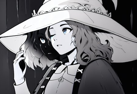 monochrome,dark background,
sitting, cave, cavern, moss, looking up, from side,
IncrsRnnThWtch, blue eyes, one eye closed, blue hair, wavy hair, 4 arms, multiple faces, blue skin, colored skin, cracked skin, doll joints, witch hat, white headwear, white dress, long sleeves, fur cloak, brown cloak
,score_9,score_8_up,score_7_up,
 <lora:Potat_dark_ink_v1_monochrome-RS24:1><lora:Ranni_pdxl_Incrs_v2:1>