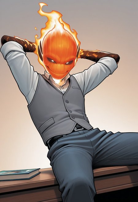 masterpiece, absurdres, high quality, perfect anatomy, 1boy, solo, cute boy, male focus, doyle, Orange Fire, Black Scelera, colored scelera, white shirt, grey vest, belt, sleeves rolled up, smug smile, sitting in desk, hands behind head, leaning back, feet on desk, cinematic, intricately detailed illustration, depth of field, masterpiece, best quality, amazing quality, very aesthetic, absurdres, newest, very awa,  shadow, dynamic angle, casual cosplay, dynamic pose, simple background,