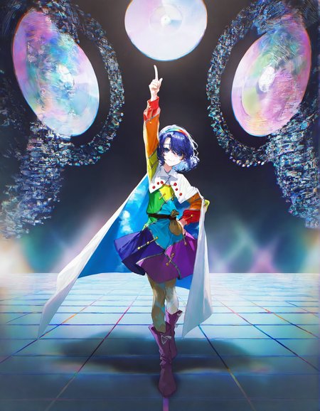 tenkyuu_chimata, 1girl ,rella, quasarcake:0.7, rolua, optical illusion, negative space, saturday_night_fever,blue_hair, breasts, cape, hairband , looking_at_viewer ,multicolored_hairband, pantyhose, purple_eyes ,short_hair ,smile, solo, sweat ,white_cape, disc,  disco,CDs, arm_up , hand_on_own_hip, index_finger_raised, outstretched_arm , dance_floor, dancing,wide shot,
<lora:illustrious_noobai_epsilon_pred_1_best_quality_v1:0.7> ,<lora:illustrious_noobai_epsilon_pred_1_masterpieces_v1:0.7>, <lora:ponyv4_noob1_2_adamW:0.5>, <lora:add_details_xl:0.7>, <lora:CDs_SDXL:1>,
masterpiece, best quality, amazing quality, very aesthetic, absurdres, newest,
