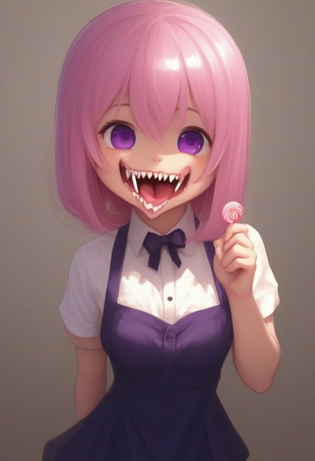 CivChan, purple eyes, pink hair,
(licking a giant lollipop made from teeth, made_from_teef:1.5)
