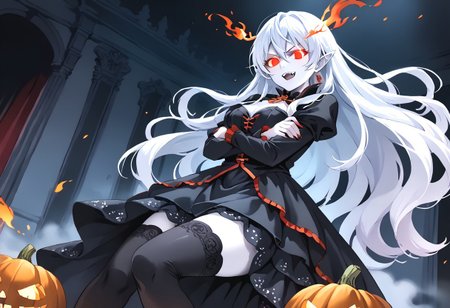 (masterpiece), (score_9, score_8_up, score_7_up,source_anime), 4K8K, 
(from below), misty, steam, fog, Floating Halloween pumpkins, 
halloween, halloween fantasy, 
Japanese cute woman, Sitting on a throne, (solo), (Glossy skin, pale skin:1.3),  makeup vampire, (crossed arms, pigeon-toed), burning pumpkin, (dark aura:1.4), (smirk, half-opened mouth, Canine, tooth, fang1.2), 
(medium figure:0.9), (pointy breasts:1.1), 
(white hair, verry long hair), (red glowing eyes, slanted eyes:1.2), 
(wearing vampire cos, dress, makeup, red and black dress, zettai ryouiki, thighhighs:1.2), 
(emperor's audience room, dark room:1.3), elf ears,
