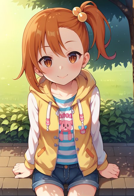 score_9, score_7_up, hd, (ultra hd quality details), source_anime, outdoors,
solo, 1girl, rlmisogi, side ponytail, small breasts, brown eyes,
hair bobbles, jacket, hood, shirt, striped, animal print, short shorts, denim,
looking at viewer, blush, smile, closed mouth, 
sitting, upper body,
<lora:_misogipcr-elesico-pony:0.9>