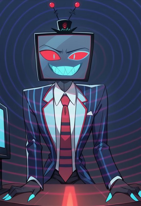 score_9, score_8_up, score_7_up,
masterpiece, best quality, detailed, amazing quality,
detailed background, office,
detailed eyes, clean eyes,
dynamic pose, sitting on desk, static screens, spiral screens,
1man,
Vox, TV head, television head, rectangular Head Cyan screen, cyan screen, red sclera, blue pupils, blue teeth, tophat, TV antennas, red and black striped shirt, dark blue coat, red tie, black skin,
hypno wave,
easynegative