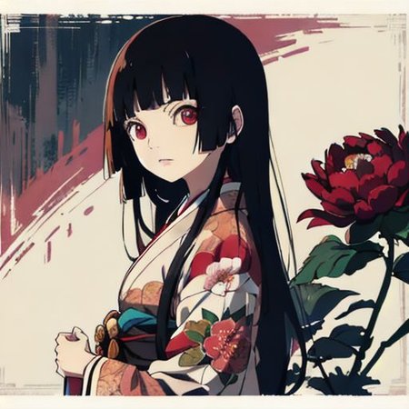 enma ai, hair down, hair black, bangs, eyes red, masterpiece, best quality, ultra-detailed, illustration, 1girl, solo, highres, photorealistic, ultra high res, (Original illustration composition), (fusion of limited color, Maximalism artstyle, kimono obi fashion, double exposure, background, illustration, Amazing, lily spider, night darkness, open one's mouth, flowers red, (polychromatic peony:1.15), Movie poster,