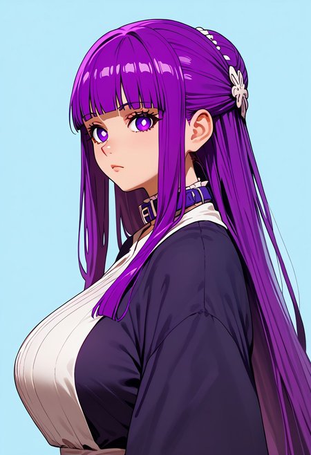 score_9, score_8_up, score_7_up,  source_anime,
c0l0r1f1c4t10ncy4n,ColorificationCyan,Colorification Cyan, 1girl, fern \(sousou no frieren\), large breasts, long hair, purple hair, half updo, blunt bangs, purple eyes, white pupils, huge breasts, hair ornament,   simple background, upper body,collar, from side, looking at viewer, light blue background