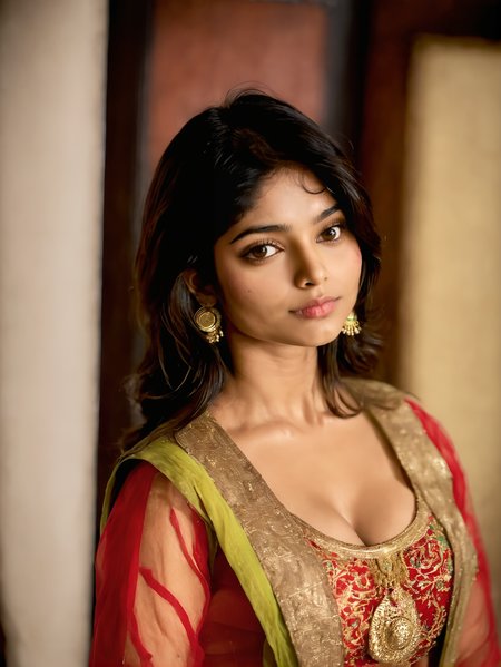divyasynthxl woman, <lora:divyasynthxl-v1:1>, face focus, closeup, standing, smiling, closed mouth, mouth closed, in the bedroom, wearing traditional indian outfit