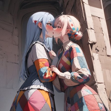masterpiece, very aesthetic, absurdres, newest, ptchkrawk, 2girls, yuri, holding hands, patchwork clothes, colorful, imminent kiss