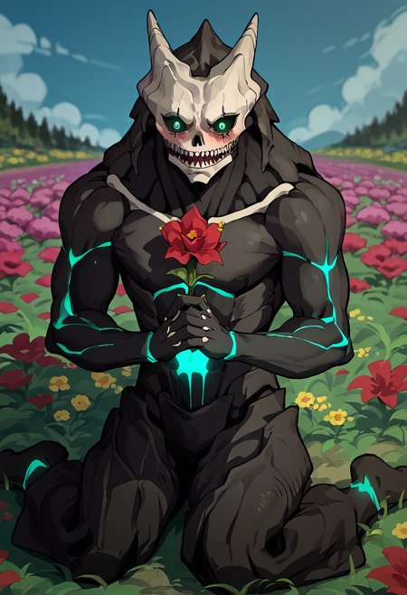 score_9, score_8_up, score_7_up, 1boy, solo, cowboy shot, 
 <lora:KaijuNo8_Dwnsty:0.85>, kaijuu no8, black skin, skull mask, glowing eyes, sharp teeth, black sclera, kaijuu, 
blush, 
outdoors, flower field, w sitting, wariza,  <lora:Wariza__Concept_Lora:1>, holding flower,  reaching towards viewer, outstretched arms, own hands together,