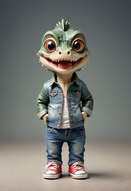 Cute little happy miniature chibi crocodile with big comically bright eyes, wearing jeans and converse shoes, hands in pockets